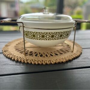 Pyrex White Casserole Dish with Olive Green Floral Band and Glass Lid
